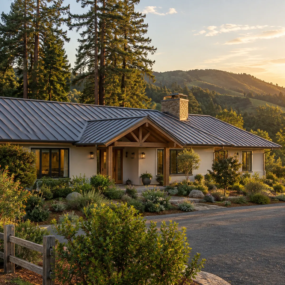 Finished standing-seam metal roof on a California Central Coast ranch home at golden hour with redwood trees and hills behind