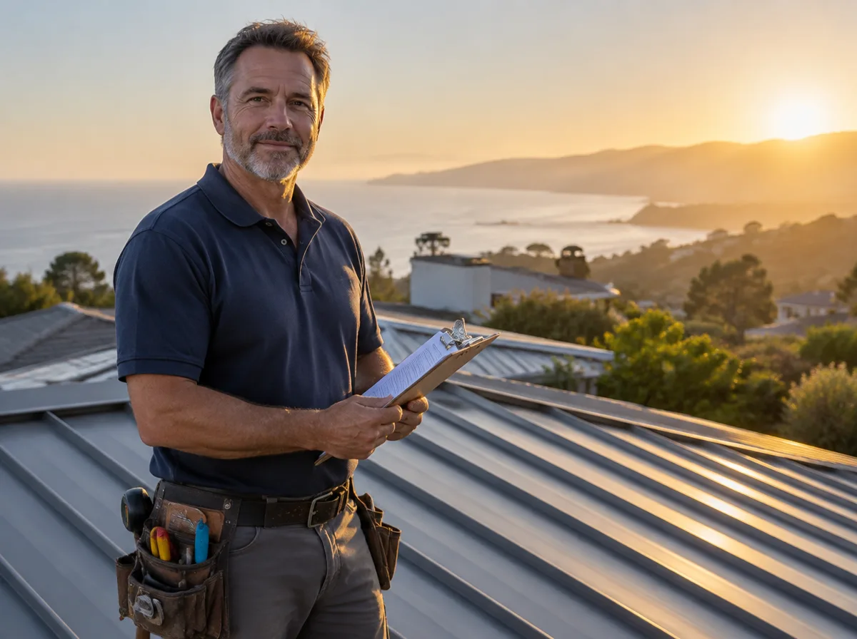 Licensed roofing contractor in a navy work shirt with clipboard standing on a standing-seam metal roof at golden hour above the Central Coast