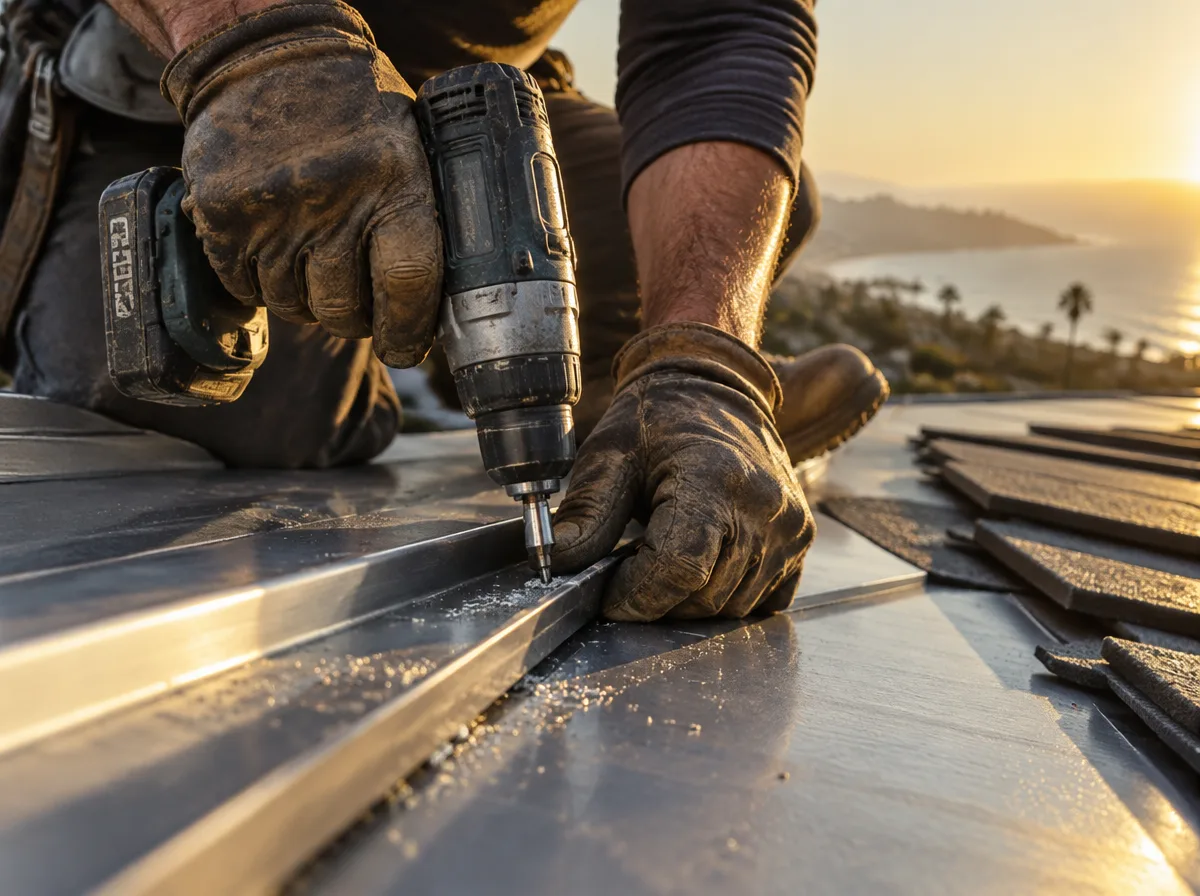 Experienced master roofer's weathered gloved hands fastening a standing-seam metal panel with a drill in golden-hour light