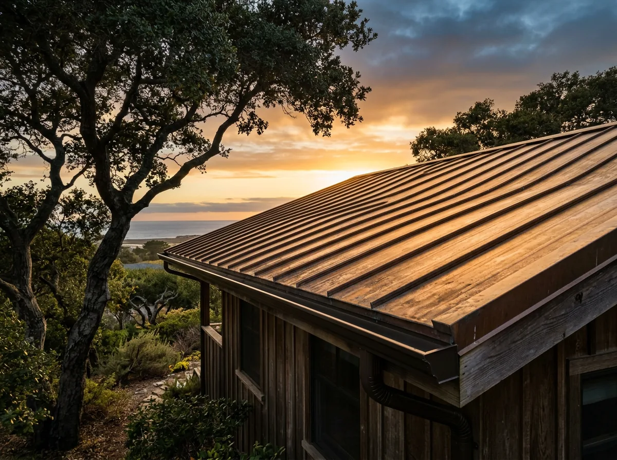 Well-kept metal roof with new seamless gutters glowing in sunset light