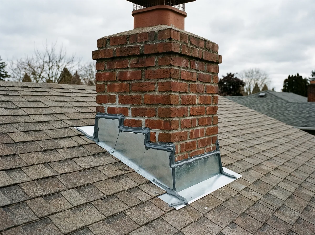 Freshly sealed flashing around a chimney on a composition shingle roof