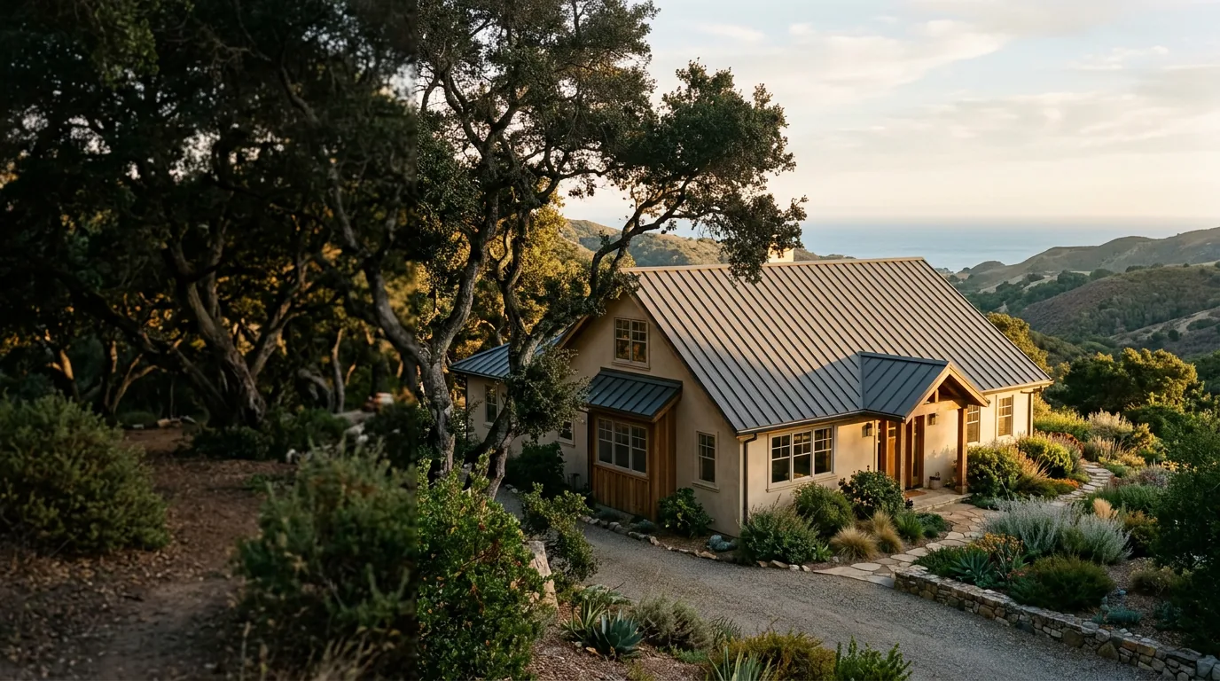 Charcoal standing-seam metal roof on a Central Coast home beneath coastal oaks
