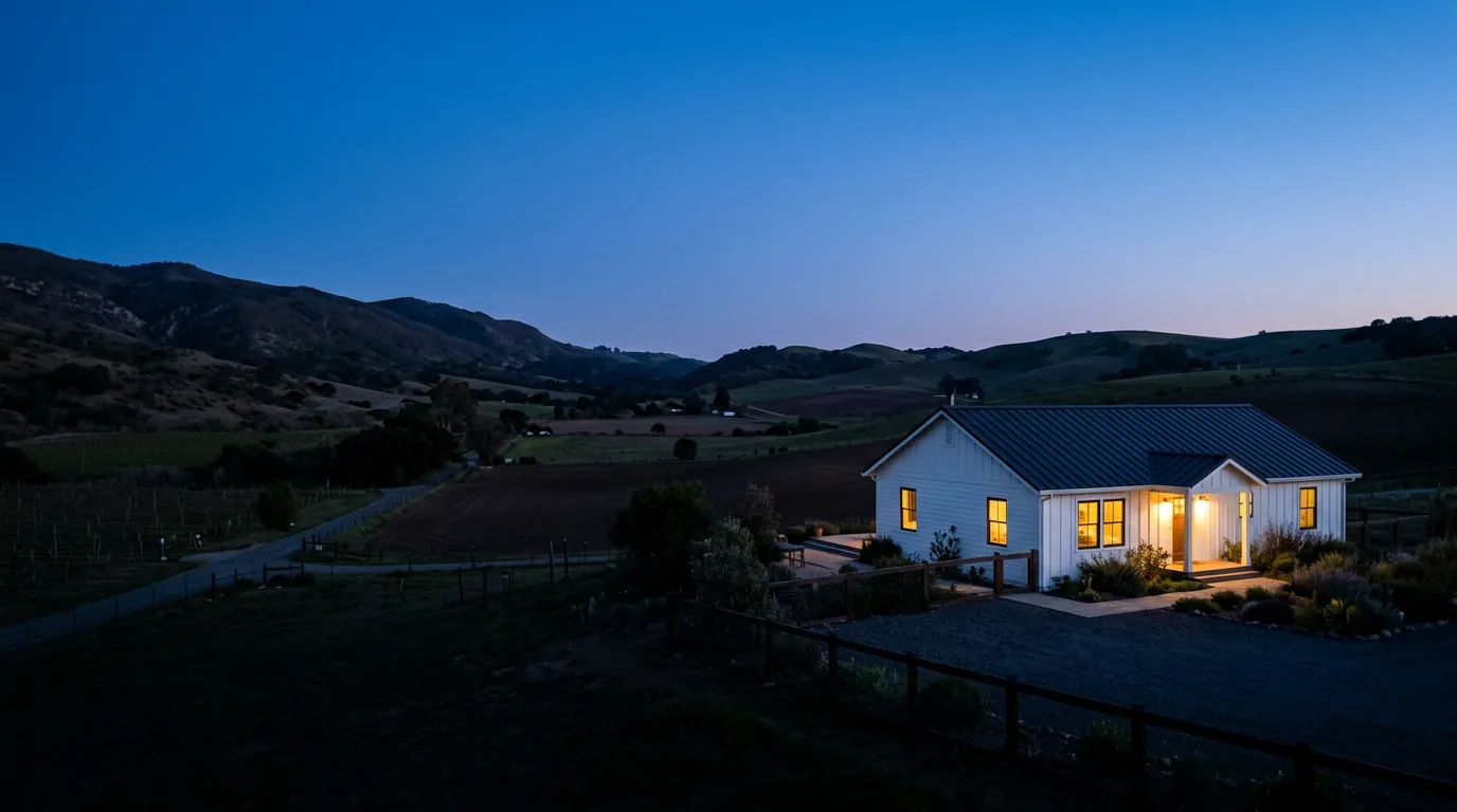 Central Coast valley home with a crisp dark metal roof and warm windows at blue hour