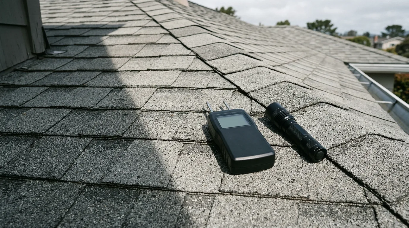 Moisture meter and flashlight inspecting gray architectural roof shingles