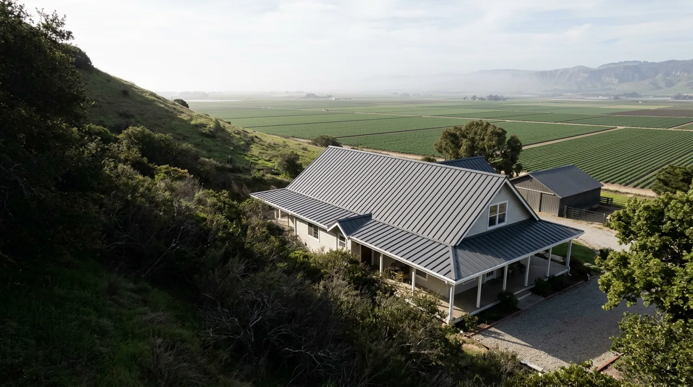 Completed graphite standing-seam metal roof overlooking Central Coast farmland