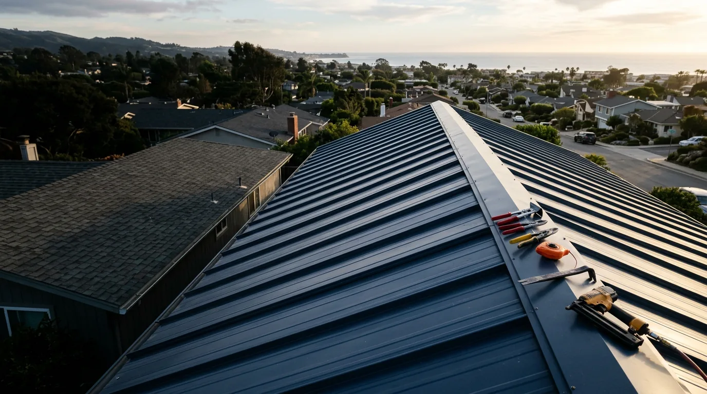 Metal and composition shingle roofs with professional roofing tools near the coast