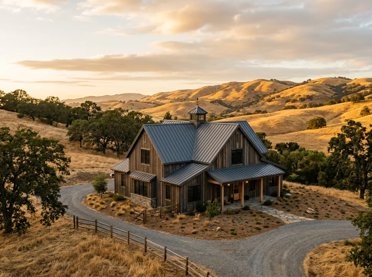 Standing-seam metal roof on a barn-style home in the Gilroy hills at golden hour