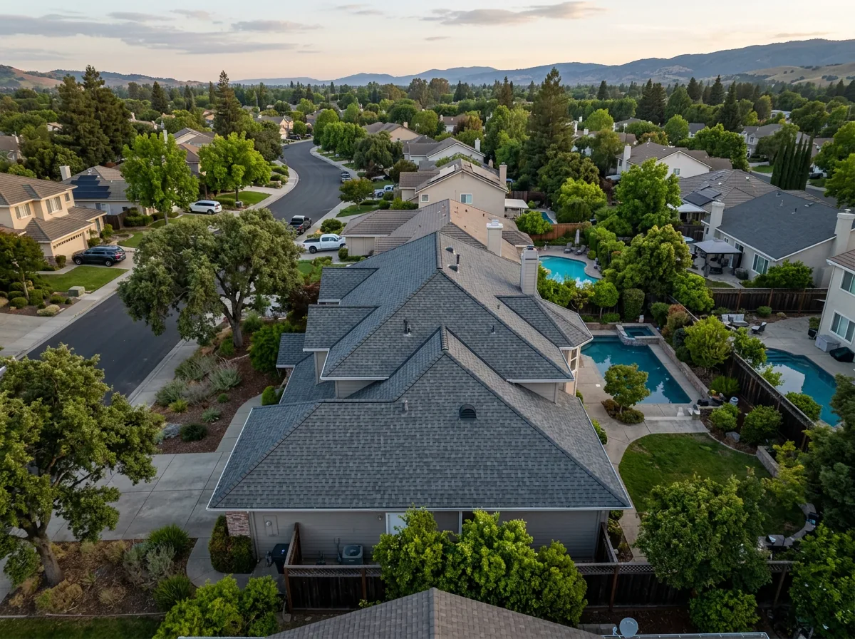 Aerial view of a finished composition shingle roof with new ridge vents in Morgan Hill