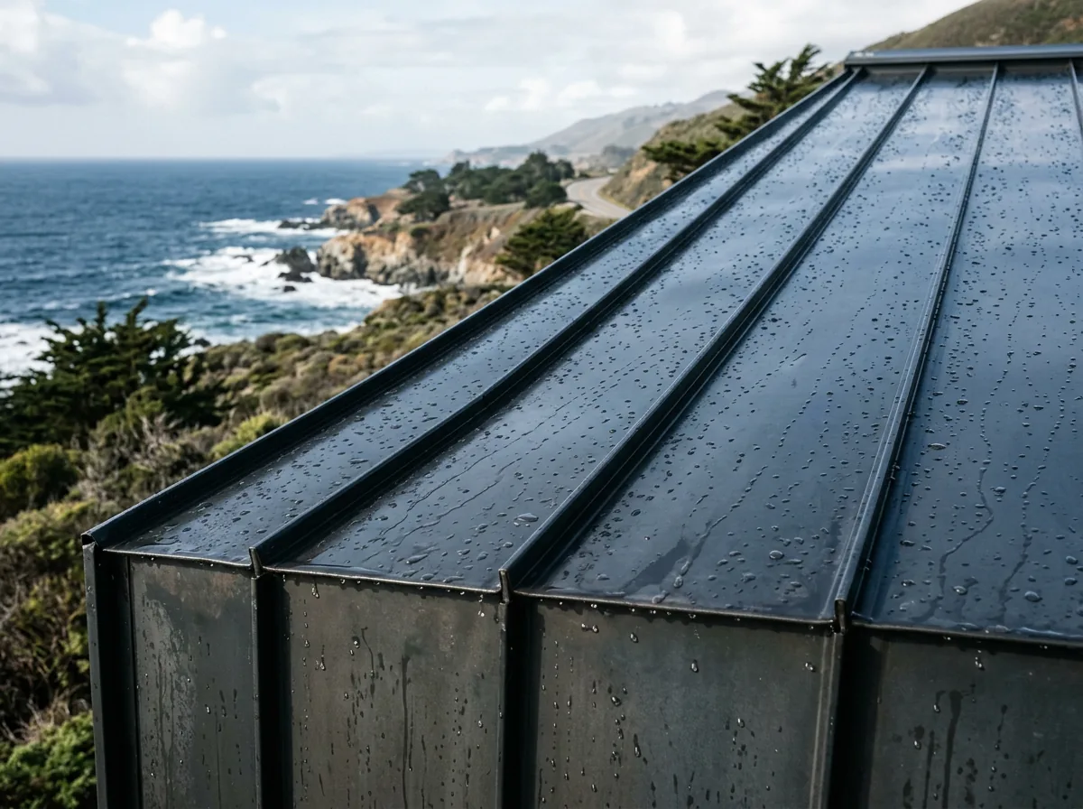 Rain beading off charcoal standing-seam metal roof panels in sunlight