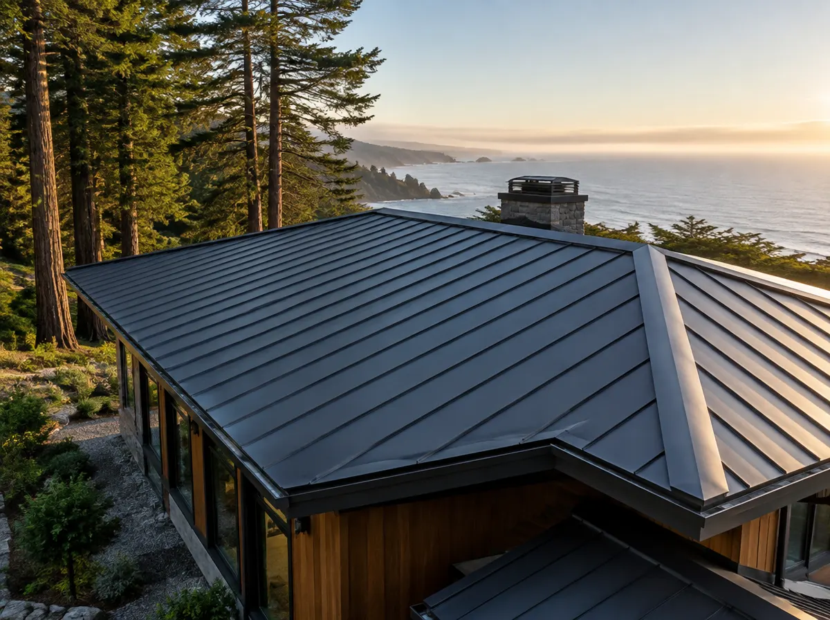 Freshly installed charcoal standing-seam metal roof on a coastal California home with ocean haze on the horizon